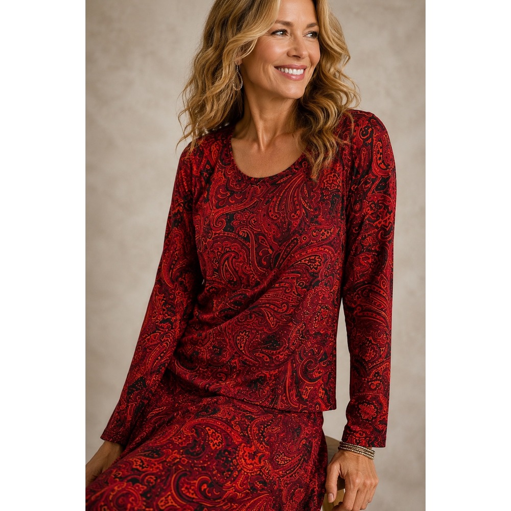 Chicos Design Red Paisley Skirt Set Long Sleeve Tunic Maxi Skirt 2 Piece Size 0